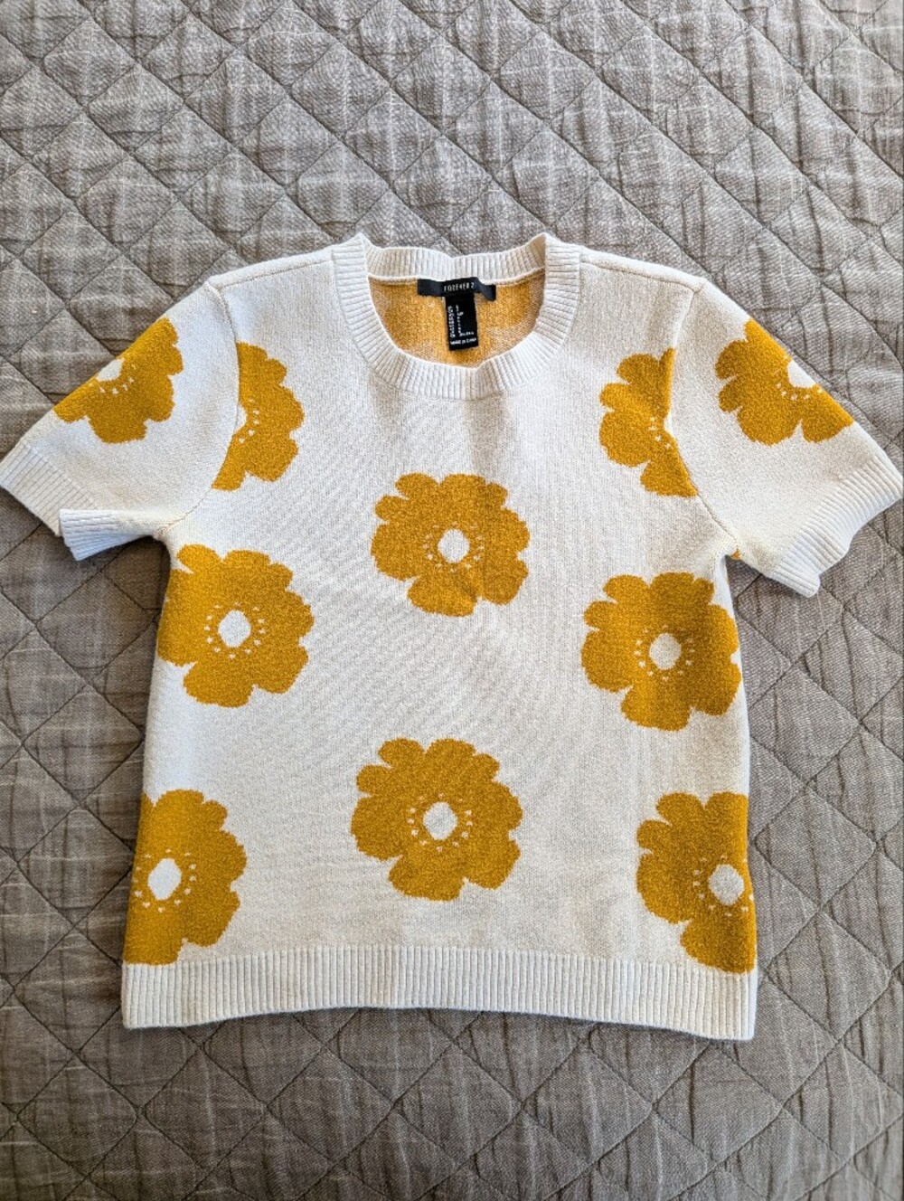 Forever 21 White Crewneck Short-Sleeve Sweater with Mustard Floral Print